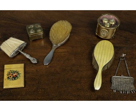 An assortment of dressing table items comprising of one wooden floral decorated card case, one Japanese style brass tin box, 