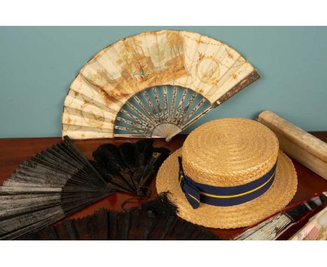 A 19th century, possibly Italian, hand painted fan decorated with a young man courting his beau, with mother of pearl stick (