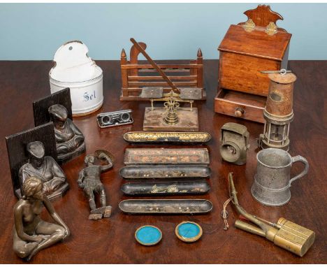A mixed quantity of metalware and other items to include a set of postal scales; a pipe rack in the form of a gate; a mahogan