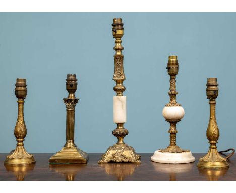 A collection of brass lamp bases, together with one square based lamp base 24cm high; one stone base 30cm high; one tall orna