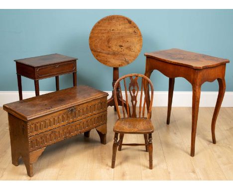 Three tables to include: a mahogany card table with carved edge detail and squared, tapered legs, green velvet interior linin