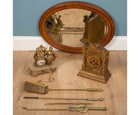 Two 19th century mantel clocks, one French on a mock marble base, 36cm high and gilt decorated, the other wooden and gilt dec