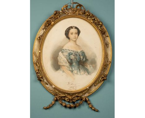 An oval watercolour print in a gilt foliate design frame, depicting a portrait of a young Queen Victoria, inscribed 'Victoria
