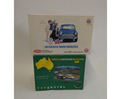 Kyosho Morris Mini Minor in white, 50th anniversary, 1:18th scale model, boxed, excellent, Vanguard 1:43rd scale, two Mini Co
