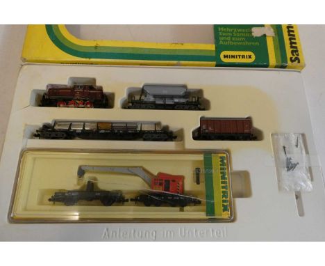 Minitrix Track Maintenance Train Set comprising diesel locomotive hopper wagon, bogie rails transport car, box van and crane,