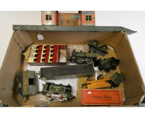 Bing tinplate station building, one chimney stack missing, Hornby 20 volt Southern railway, 0-4-0 tank locomotive in good con
