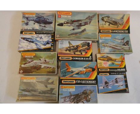 Twenty 1/72nd scale model aircraft kits by Matchbox, most models of Postwar jet aircraft and helicopters and Hasegawa ground 