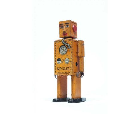 Kosugi KT Toys pre-war Lilliput clockwork walking Robot, tin printed orange body, some minor signs of rust under paint work, 