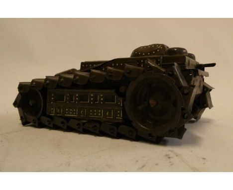 Clockwork Japanese Chai-Hi tank, tin printed body with tin tracks, two forward facing guns missing, marked foreign made possi