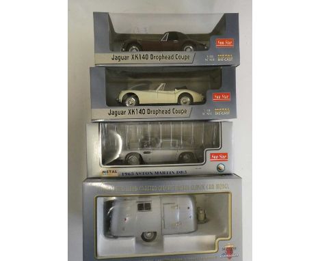 Three Sunstar 1/18th scale cars comprising Jaguar XK 140, Aston Martin DB5 and Motor City Classics Airstream Caravan, all ite