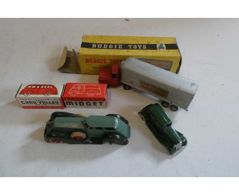 Two Chad Valley diecast clockwork vans, some paint loss, both items boxed, fair Buddy Toys refrigerator truck, Box poor, mode