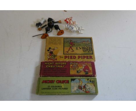 Three boxes of Disney Magic lantern slides comprising The Night before Christmas, Mickey Crusoe, The Pied Piper, boxed, good,