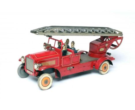 Large Disler Nuremberg fire engine ladder escape, clockwork motor with bell, extending ladder and battery operated head light