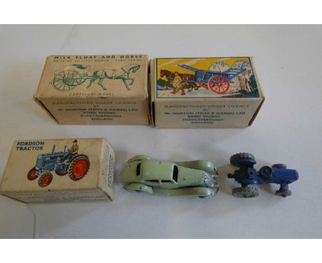 Britains Lilliput tractor, tumbrel cart and milk float, all items boxed, good to excellent, and a Britains saloon car and sma