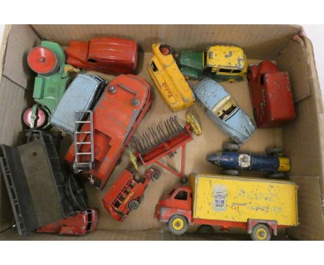 Unboxed Dinky vehicles including fire engine, Heinz Bedford, Kodak van and road roller, some items damaged, poor