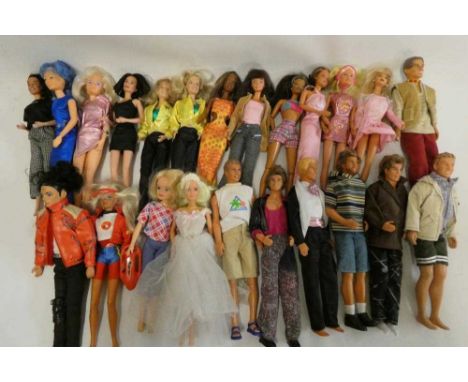 A box of Barbie accessories, Ken dolls, two Sindy dolls and Hasbro celebrity dolls etc, including a Triumph International Mic