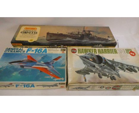 Three large scale plastic model kits comprising Hasegawa F16A, 1/32nd scale, Airfix Harrier 1/24th scale and Matchbox 1/72nd 