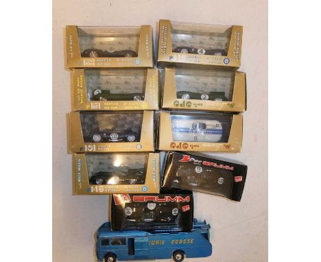 Diecast 1:43 scale Jaguar racing cars by Crumm and Brumm, all items boxed, mint, and Corgi race car transport