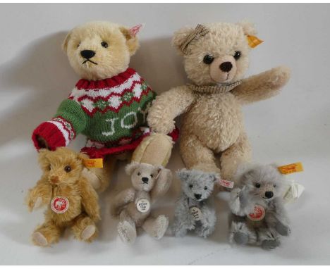 Six Steiff teddy bears, comprising 4 miniature bears including Steiff Club 2004 and 2005, Clara 23 and another, all with ear 