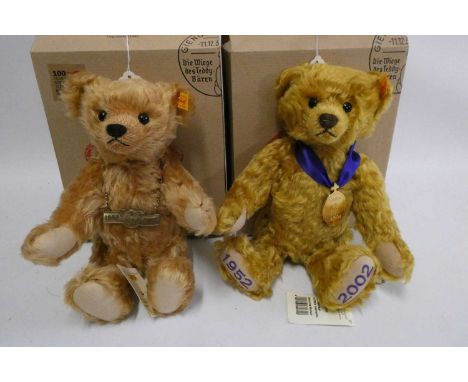 Two boxed Steiff bears, comprising a 29cm Golden Jubilee bear and a 29cm growling 100 years of Steiff bear, both with certifi