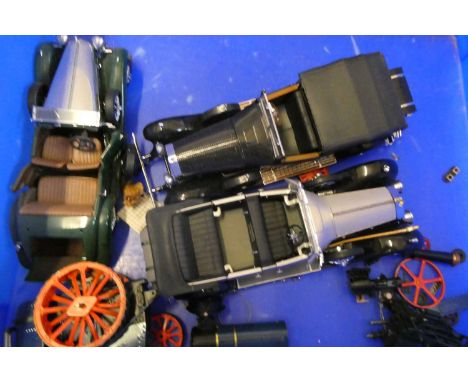 Three Franklin Mint 1/25th scale Classic cars, all items have some damage, and some parts of a damaged traction engine, fair 