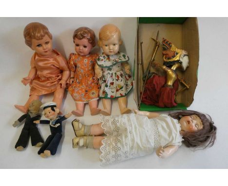 Seven vintage dolls, including two Norah Welling sailors, a Malaysian wood carved puppet, composition Horsman doll with sleep