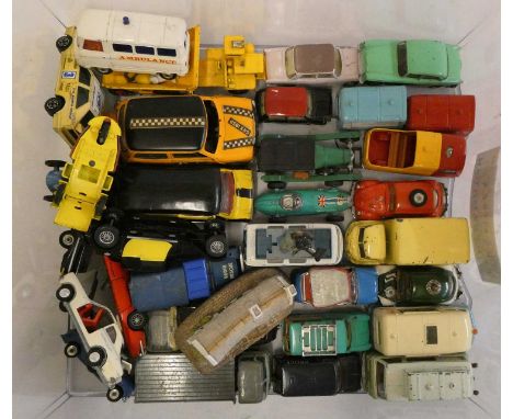 Unboxed playworn diecast cars by Corgi, Matchbox and others including VW television van, ambulance, Corgi Commer van with thr