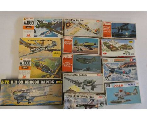 Thirteen 1/72nd scale model aircraft kits by Frog, Heller, Hasegawa and others including Sea Venom Mig 15 and Messerschmitt 1