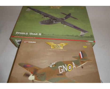 Corgi Aviation Achieve 1:32 scale Hawker Hurricane MK1a and 1:72 RAF Cataline MKII-A, both items boxed, good to excellent