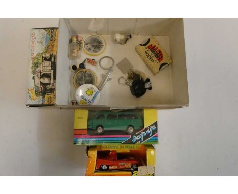 Solido Alfa Romeo Race car, Russian, Passenger Van 43rd scale, Portuguese tinplate Taxi cab and a small number of key rings a