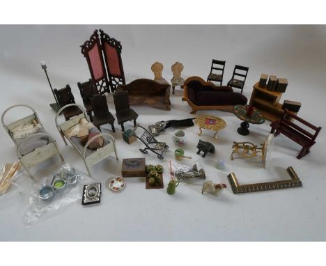 Box of antique dolls house furniture and accessories, including wood and metal examplesCondition Report: Generally good, 1/12