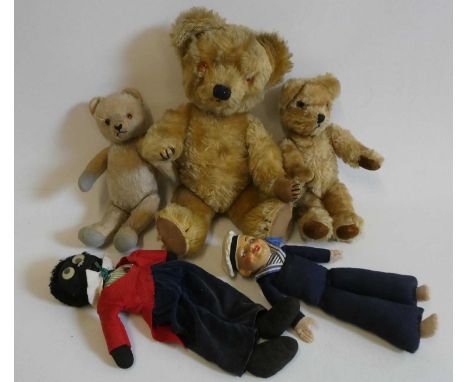 Five vintage stuffed toys, comprising a 17" Chad Valley bear with fabric label, two smaller teddy bears, a Dean's 13" sailor 