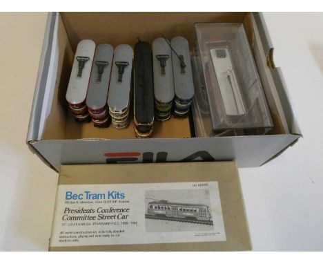 Seven 00 scale trams by Corgi and others, one item boxed, good to excellent and Bec tram kit, built-up but unpainted