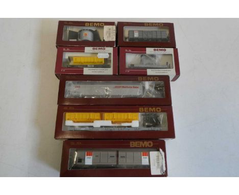 Seven Bemo HOm goods wagons comprising three bogie wagons, cement hopper and three open wagons, all items boxed, excellent