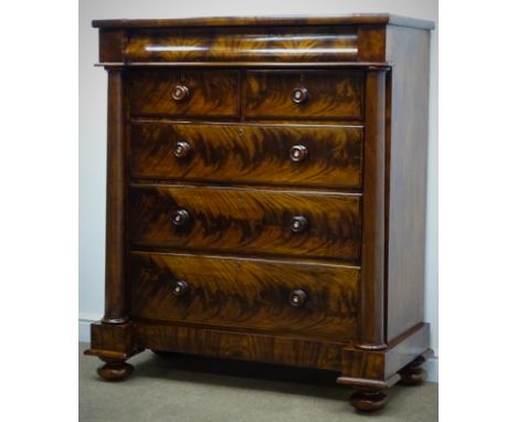 Victorian figured mahogany Scotch chest, single frieze drawer above two short and three long drawers, flanked by a pair of ta