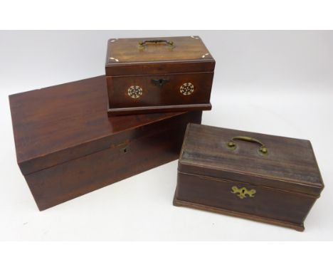 Early 19th century mahogany tea caddy, brass handle and escutcheon, L26.5cm, 19th century mahogany box with Anglo-Indian inla