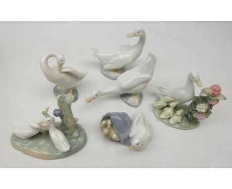 Two Lladro geese groups no. 4895 &amp; 1439 another Lladro goose,  and three similar Nao figures (6)