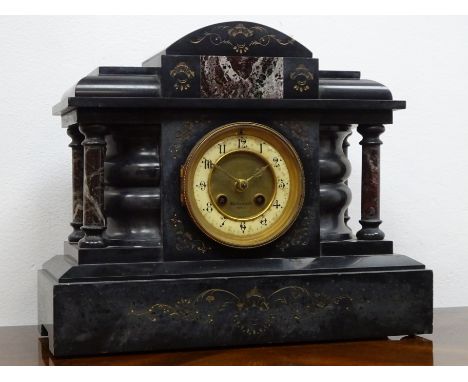 Victorian polished slate and marble architectural mantle clock with Arabic dial inscribed Richardson Paris, twin train moveme