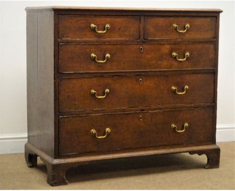 George III oak chest of two short and three long drawers on shaped bracket supports, W99cm, H90cm, D49cm