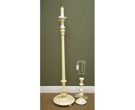 Cream painted standard lamp, reeded column (H149cm) and a similar table lamp (H50cm)