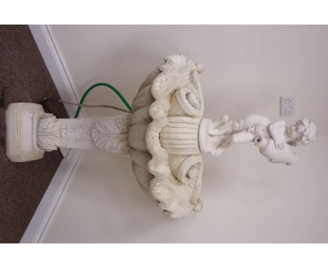 Painted composite stone fountain, small boy holding urn above shell basin on classical style column. W80cm, H160cm, D63cm