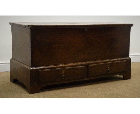 Late 18th century oak mule chest, hinged lid above two drawers, shaped bracket supports, W111cm, H56cm, D48cm