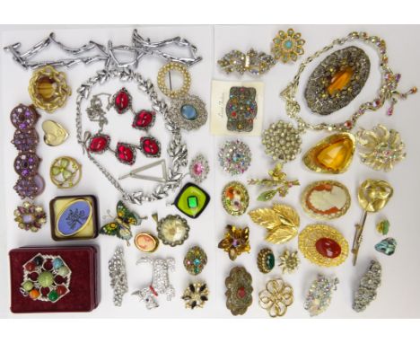 Collection of vintage dress brooches and necklaces incl. Scottie Dog Rhinestone brooch, filigree, cameo type brooch, butterfl