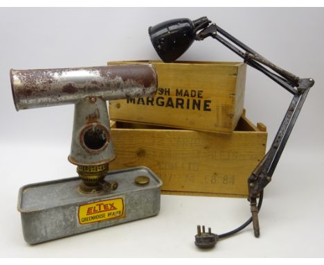 Vintage Eltex Greenhouse Heater, mid century Anglepoise black painted desk/ factory lamp, Margarine crate and one other (4)