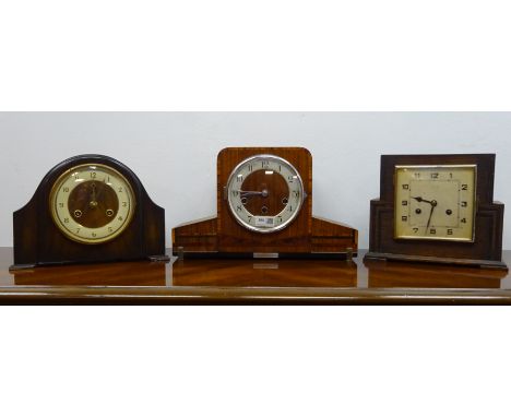 Art Deco walnut and chrome cased mantle clock with silvered Arabic chapter, Haller triple train movement chiming the quarter 