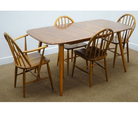 Ercol rectangular extending dining table, tapering supports (W223cm, H72cm, D83cm) and four chairs (2+2)