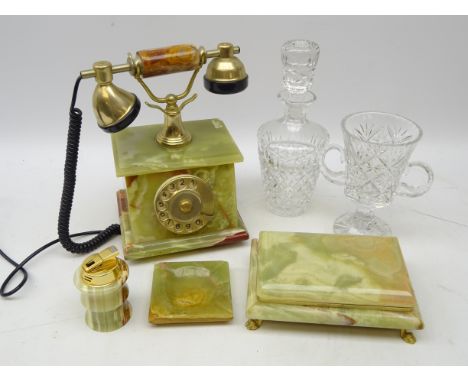 Vintage onyx &amp; brass rotary dial telephone, matching table lighter, ashtray and casket, two handled glass goblet and deca