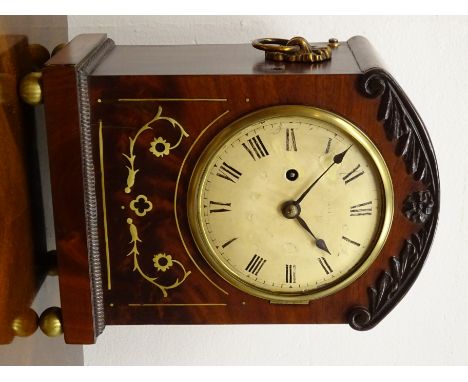 19th century brass inlaid dome top mahogany bracket clock, convex Roman dial with single fusee movement, brass handles, bezel