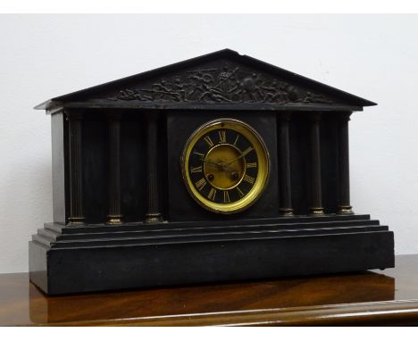 Large Victorian polished slate architectural mantle clock with six columns, Roman dial with twin train movement striking the 