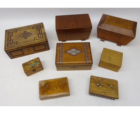 19th century Sorrento Olive wood puzzle box, 19th century Jerusalem Olive wood carved box, two Art Deco boxes, one of sarcoph